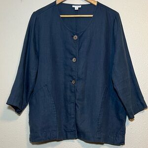 J Jill Pure Jill Lagenlook Linen 3/4 Sleeve Blue Button-Front Top Sz Large